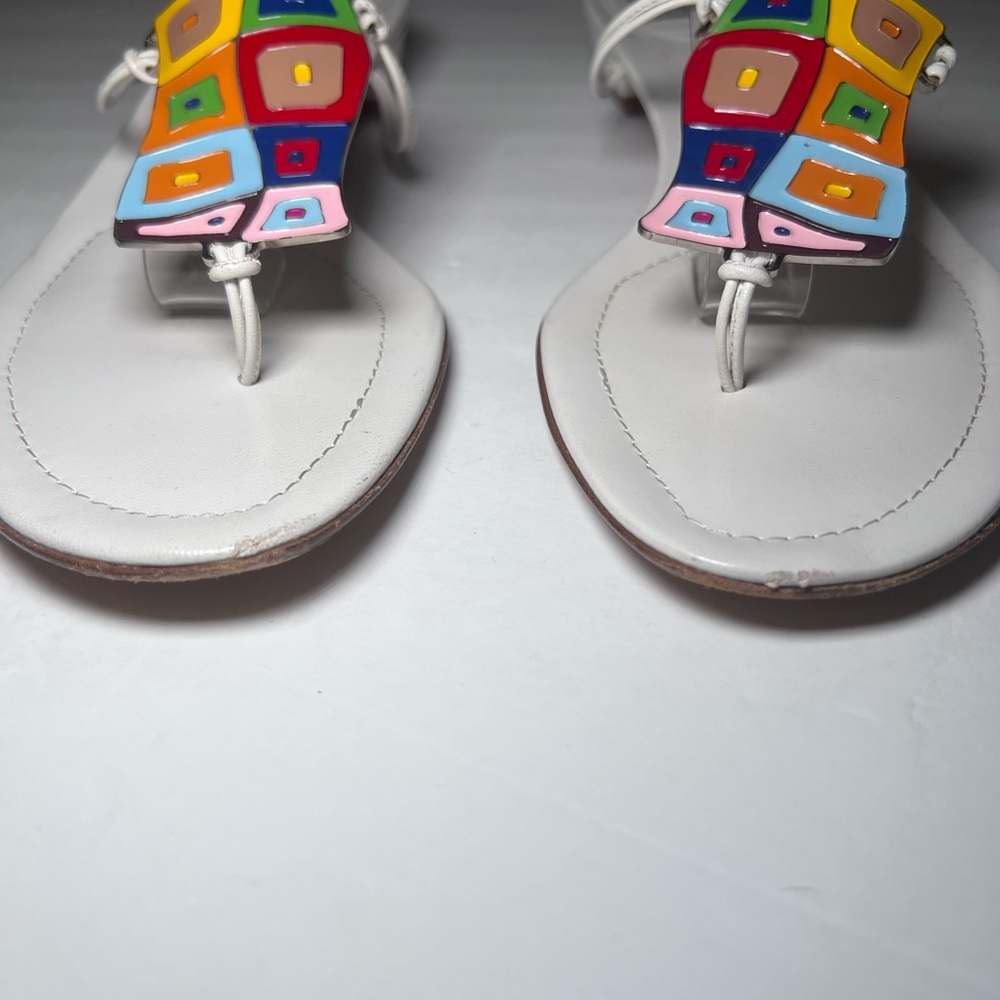 Joan & David Multicolor Geometric Mosaic Embellished White Thong Sandals - Picture 5 of 11